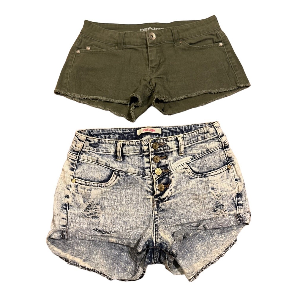 Lot Of 2 Size 0 Refuge Jean Shorts Destroyed Denim Cuffed & Green Frayed Women's